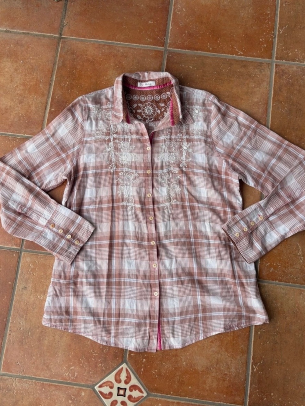Johnny Was Embroidered Plaid Button Up Shirt